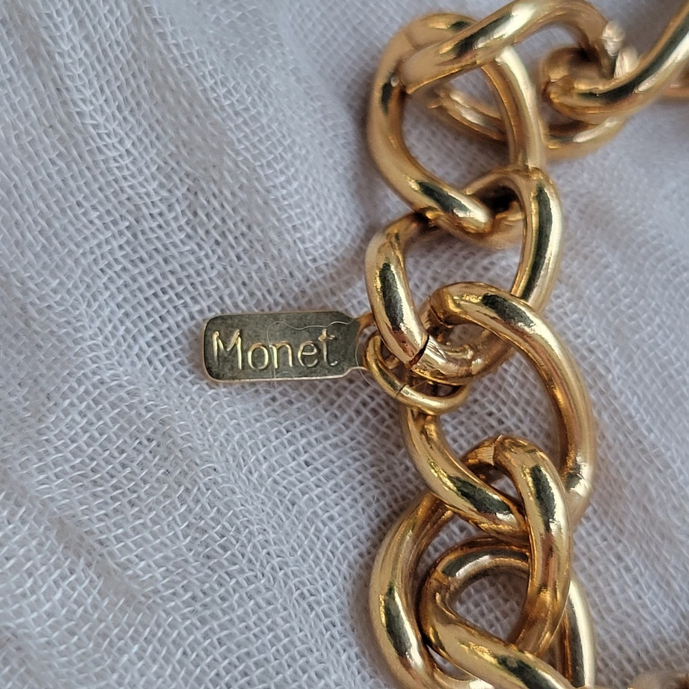 Vintage 1990s Monet Necklace Gold White Cabochon Chunky Long Chain No Closure - Picture 4 of 8